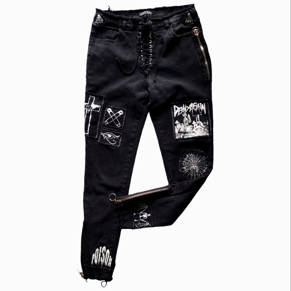 Current Mood Dolls Kill L Punk Patchwork Lace Up Front Black Skinny Jeans